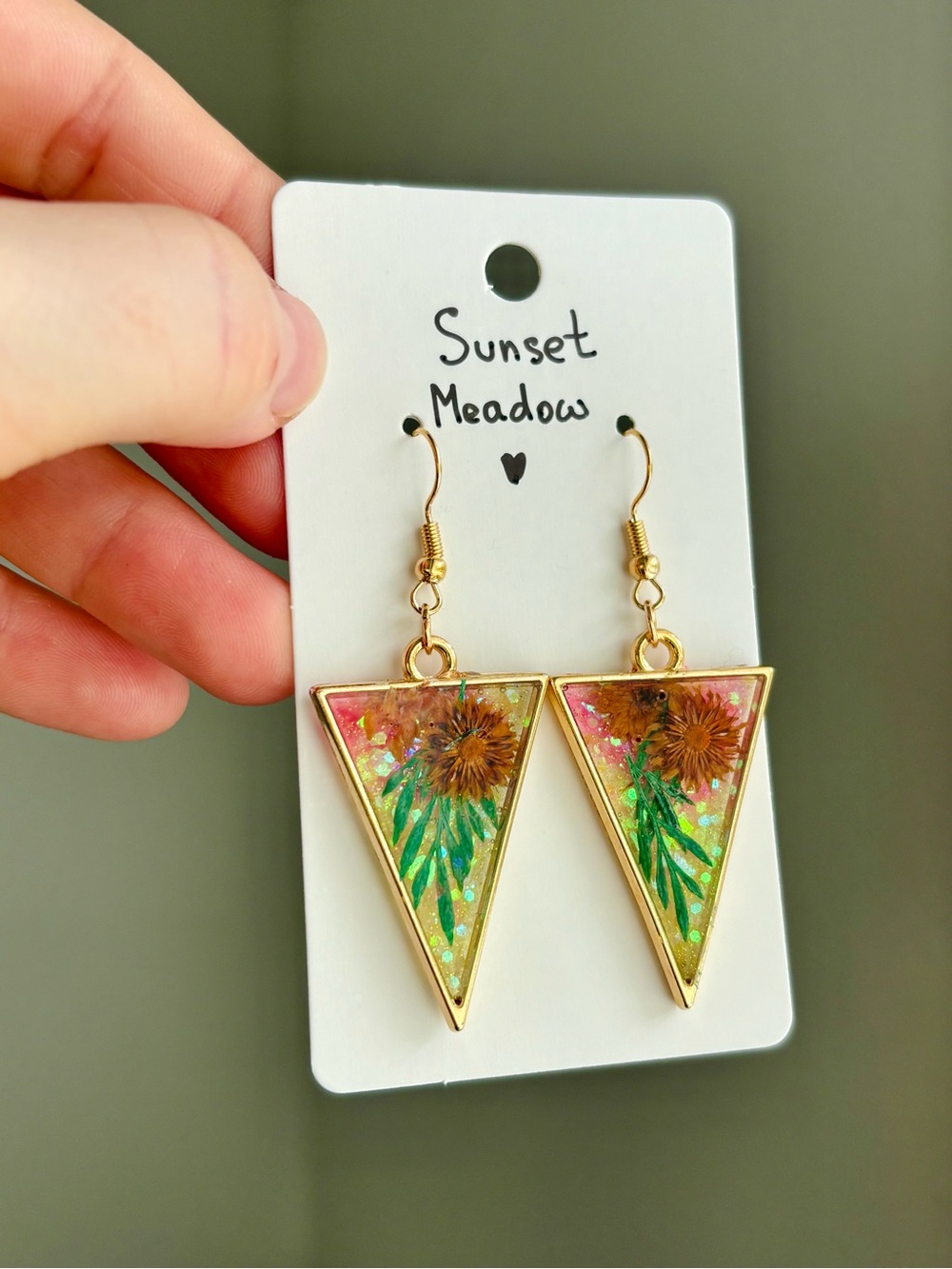Sunset Meadow Resin Triangle Earrings Handmade Real Dried Flower Botanical